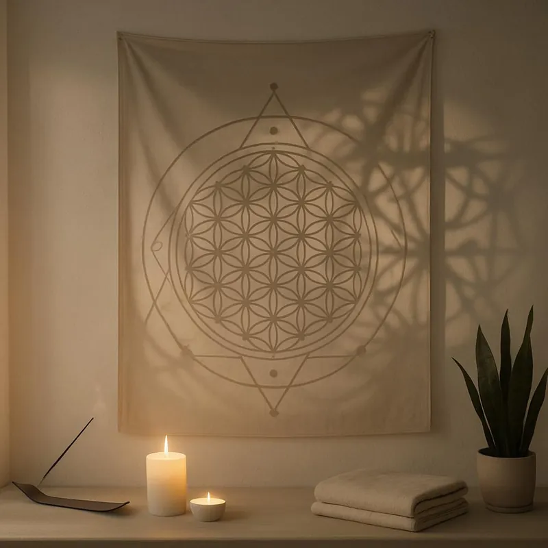 Surreal art, boho chic decor, minimalist home, aesthetic wallpaper, dramatic lighting, geometric shapes, cozy and warm col...